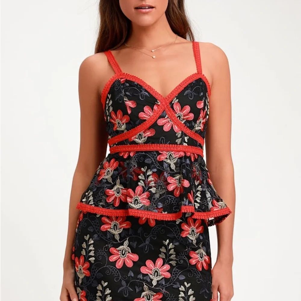 Black Floral Embroidered Peplum Dress with Red Trim (M)